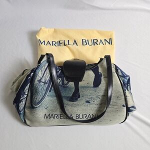 Mariella Burani Vintage Canvas Leather Bicycle Print Shoulder Bag Made in Italy